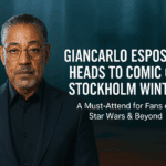 Giancarlo Esposito Comic Con Stockholm 2025 announcement banner with Star Wars-themed red and black background