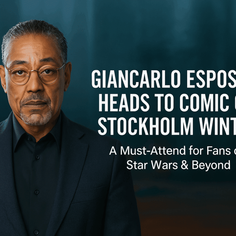 Giancarlo Esposito Comic Con Stockholm 2025 announcement banner with Star Wars-themed red and black background