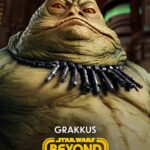 Close-up of Grakkus the Hutt wearing a necklace made of Lightsaber hilts in Star Wars Beyond Victory.