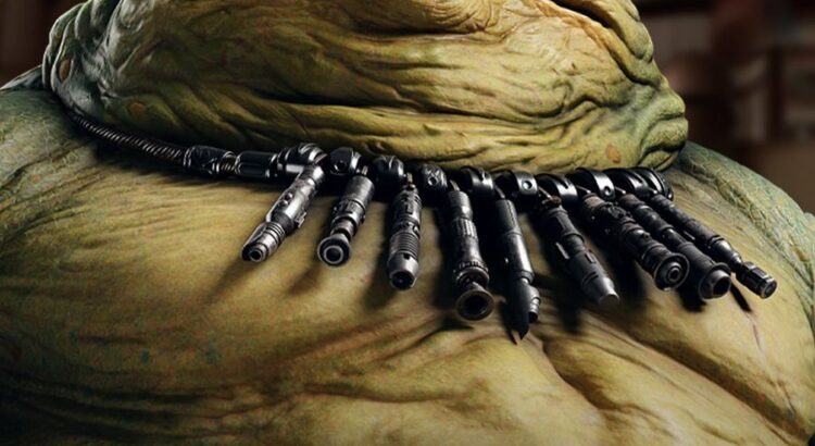Close-up of Grakkus the Hutt wearing a necklace made of Lightsaber hilts in Star Wars Beyond Victory.