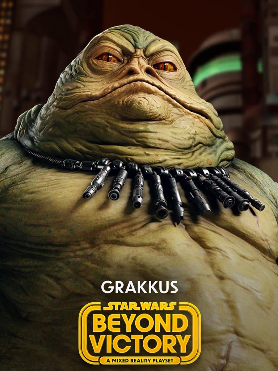 Close-up of Grakkus the Hutt wearing a necklace made of Lightsaber hilts in Star Wars Beyond Victory.