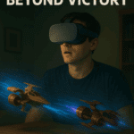 A Star Wars: Beyond Victory review banner showing a man wearing a VR headset while holographic podracers race across a tabletop in a dimly lit living room.