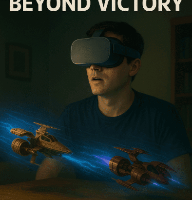A Star Wars: Beyond Victory review banner showing a man wearing a VR headset while holographic podracers race across a tabletop in a dimly lit living room.
