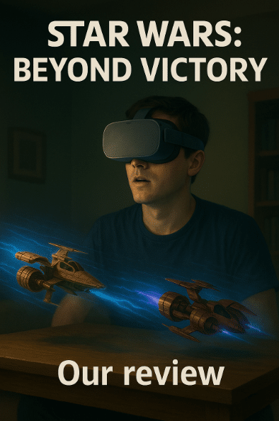 A Star Wars: Beyond Victory review banner showing a man wearing a VR headset while holographic podracers race across a tabletop in a dimly lit living room.