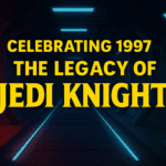 Retro sci-fi corridor banner with glowing lights and yellow text reading “Celebrating 1997 – The Legacy of Jedi Knight.”