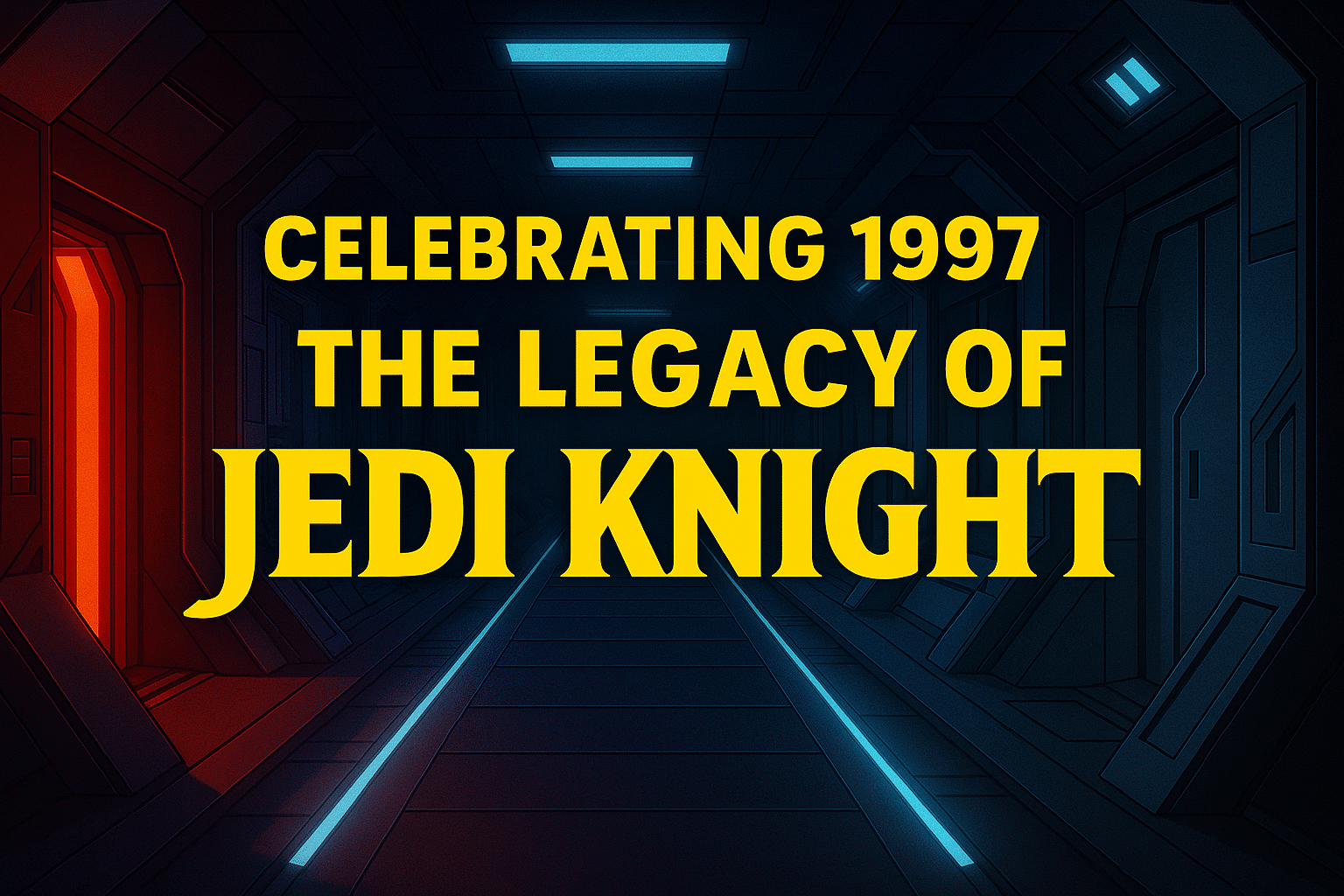 Retro sci-fi corridor banner with glowing lights and yellow text reading “Celebrating 1997 – The Legacy of Jedi Knight.”