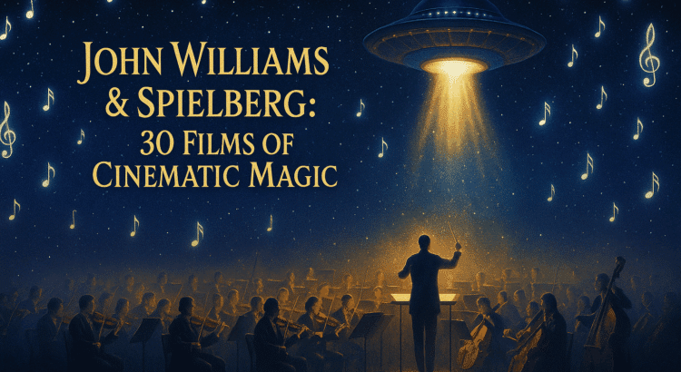 Cinematic banner showing a glowing UFO above an orchestra under a galactic night sky filled with musical-note stars, symbolizing John Williams and Steven Spielberg’s film legacy.