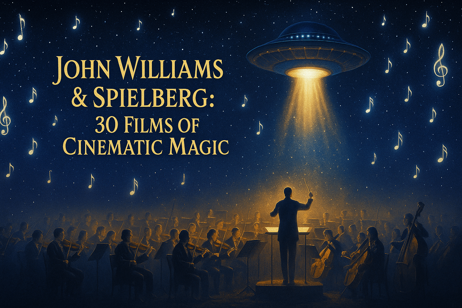 Cinematic banner showing a glowing UFO above an orchestra under a galactic night sky filled with musical-note stars, symbolizing John Williams and Steven Spielberg’s film legacy.