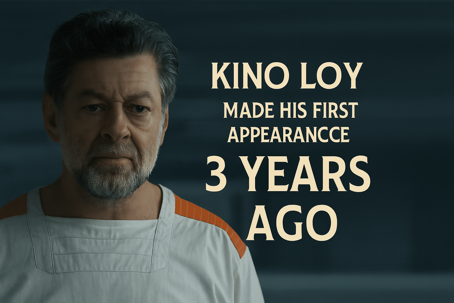 Kino Loy from Andor in Narkina 5 prison uniform with text marking his first appearance three years ago