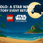 LEGO Star Wars: Castaways tropical island under the moonlight with a brick-built spaceship and event title text “Solo: A Star Wars Story Event Returns.”
