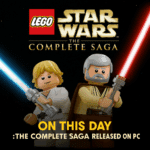 LEGO Star Wars: The Complete Saga banner celebrating its PC release, featuring LEGO Luke Skywalker, Darth Vader, Obi-Wan Kenobi, and Yoda with glowing lightsabers.