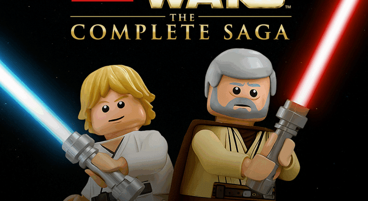 LEGO Star Wars: The Complete Saga banner celebrating its PC release, featuring LEGO Luke Skywalker, Darth Vader, Obi-Wan Kenobi, and Yoda with glowing lightsabers.