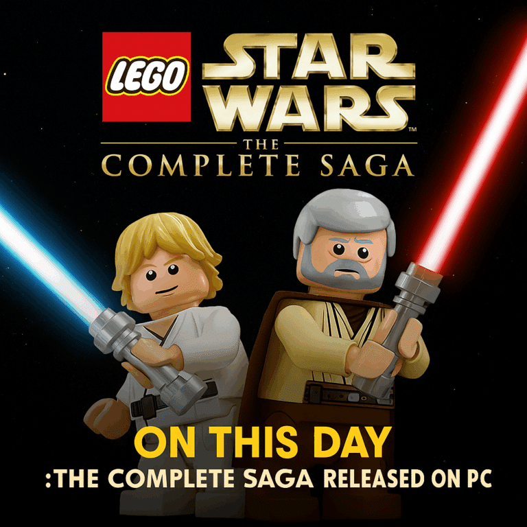 LEGO Star Wars: The Complete Saga banner celebrating its PC release, featuring LEGO Luke Skywalker, Darth Vader, Obi-Wan Kenobi, and Yoda with glowing lightsabers.