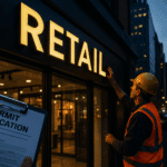 Manhattan retail storefront with illuminated sign installation and permit inspection