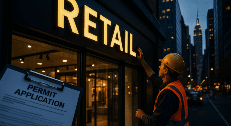 Manhattan retail storefront with illuminated sign installation and permit inspection