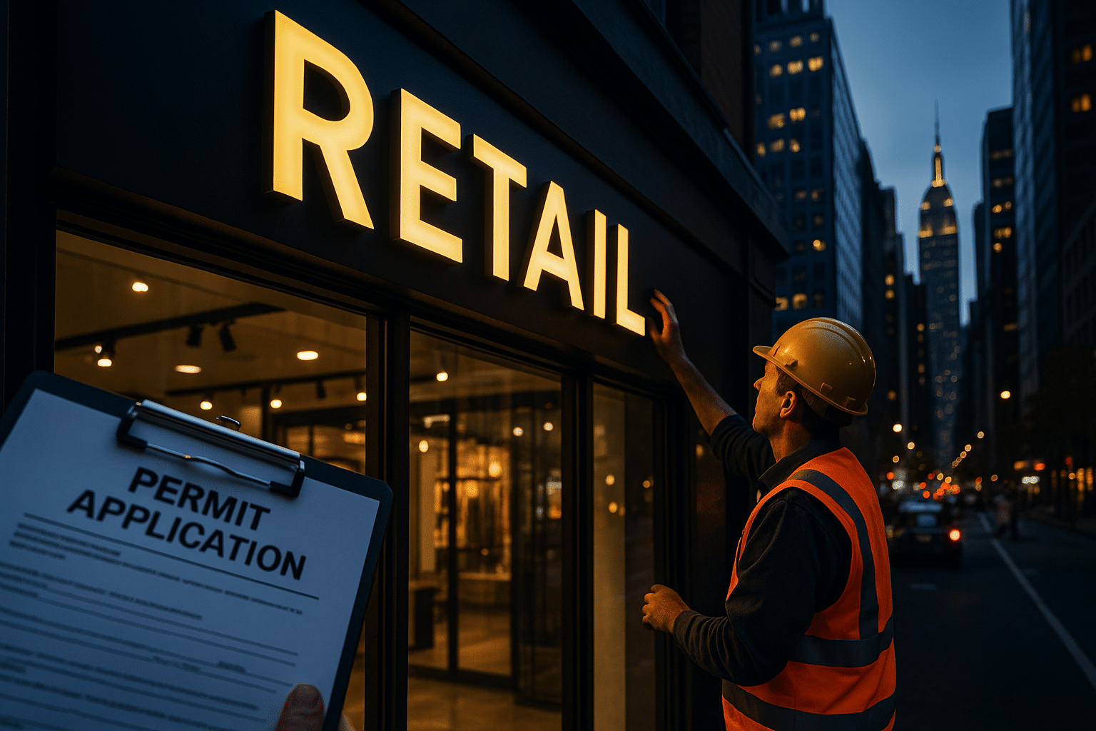 Manhattan retail storefront with illuminated sign installation and permit inspection