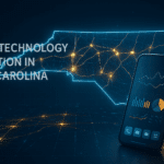 Digital map of North Carolina with smartphone displaying data charts and glowing light connections