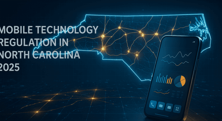 Digital map of North Carolina with smartphone displaying data charts and glowing light connections