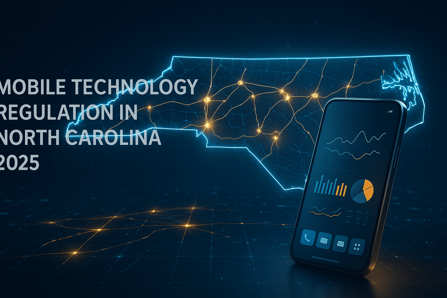 Digital map of North Carolina with smartphone displaying data charts and glowing light connections