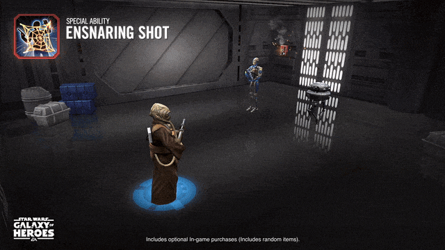 Zuckuss uses Ensnaring Shot to stun enemies in Star Wars Galaxy of Heroes