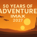 Sci-fi desert sunset with twin suns, futuristic city skyline, and text reading “50 Years of Adventure – IMAX 2027”