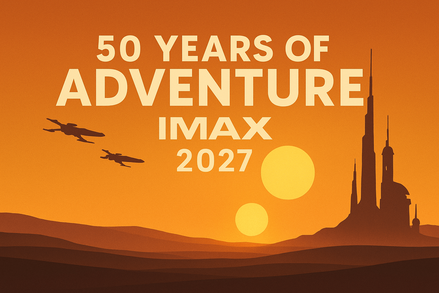 Sci-fi desert sunset with twin suns, futuristic city skyline, and text reading “50 Years of Adventure – IMAX 2027”