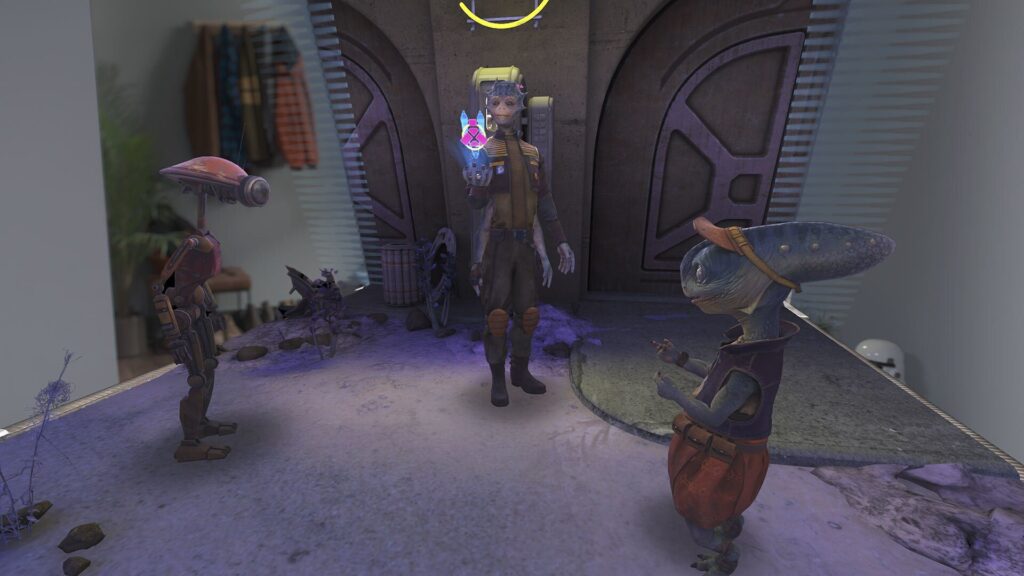 Characters gather around a holographic table projecting a cityscape in Star Wars: Beyond Victory.
