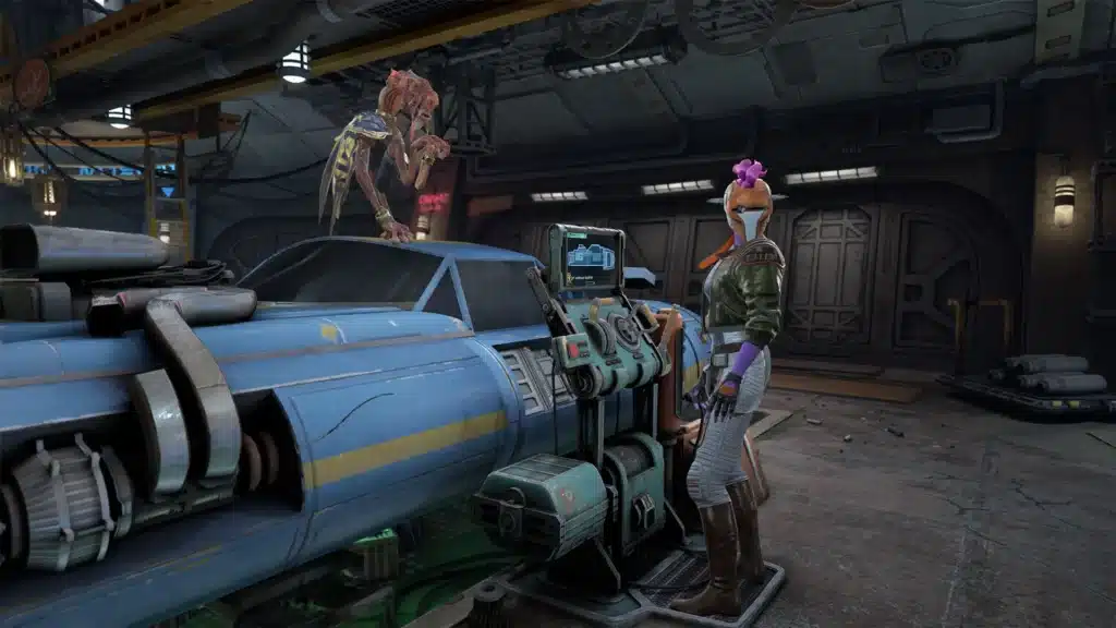 Two alien characters work on a podracer in the garage in Star Wars: Beyond Victory.