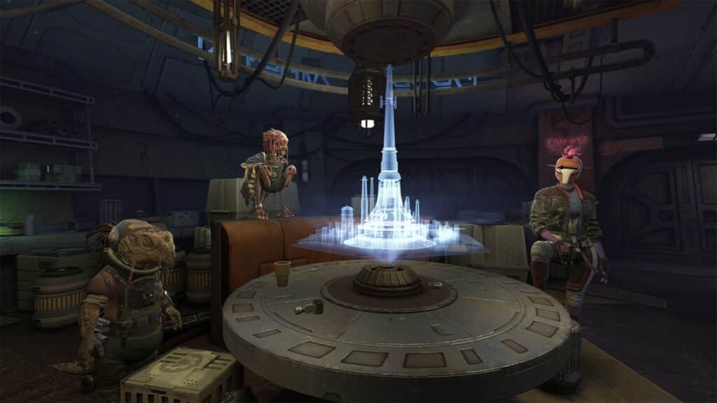 Holographic Star Wars characters interact in a mixed reality living room scene in Star Wars: Beyond Victory.