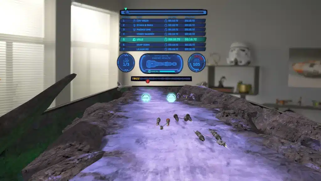 Mixed reality podracing scene from Star Wars: Beyond Victory showing mini podracers racing across a holographic tabletop in a living room.