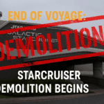 Star Wars Galactic Starcruiser demolition banner with cranes and debris outside the iconic Disney hotel