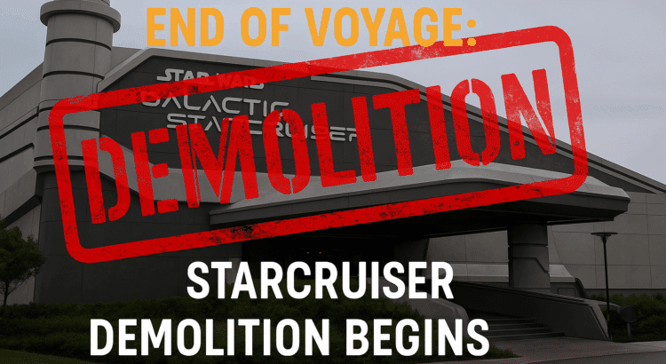 Star Wars Galactic Starcruiser demolition banner with cranes and debris outside the iconic Disney hotel