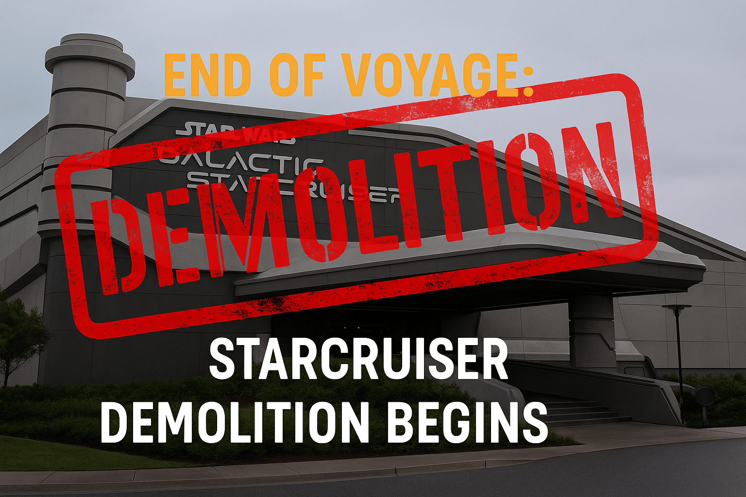 Star Wars Galactic Starcruiser demolition banner with cranes and debris outside the iconic Disney hotel