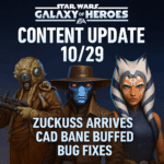 Star Wars Galaxy of Heroes October 29 content update banner featuring Zuckuss, Cad Bane, and Ahsoka Tano.