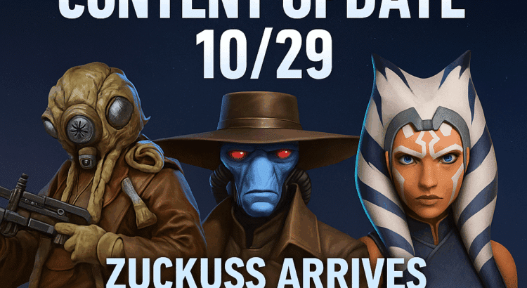 Star Wars Galaxy of Heroes October 29 content update banner featuring Zuckuss, Cad Bane, and Ahsoka Tano.
