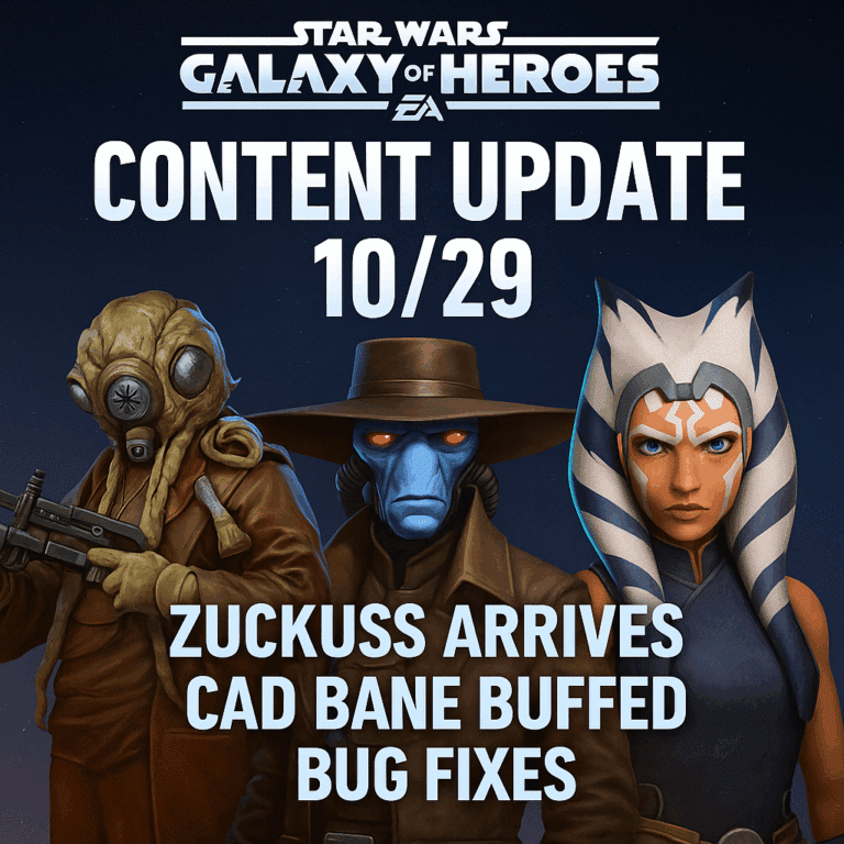 Star Wars Galaxy of Heroes October 29 content update banner featuring Zuckuss, Cad Bane, and Ahsoka Tano.