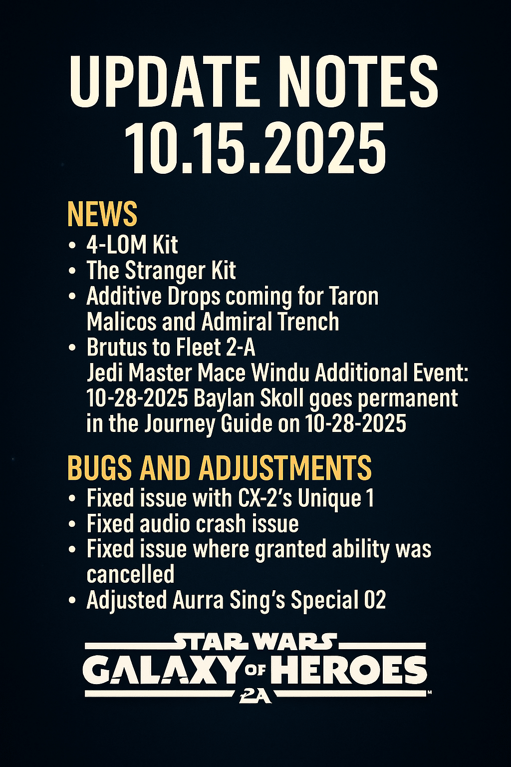 Star Wars Galaxy of Heroes October 15 2025 update image showing 4-LOM and The Stranger with galactic background