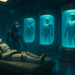 Star Wars-inspired futuristic medbay with armored soldiers recovering in glowing blue pods
