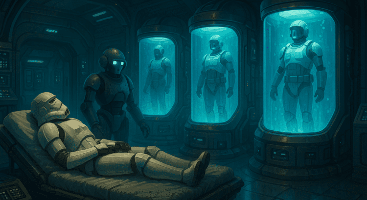 Star Wars-inspired futuristic medbay with armored soldiers recovering in glowing blue pods