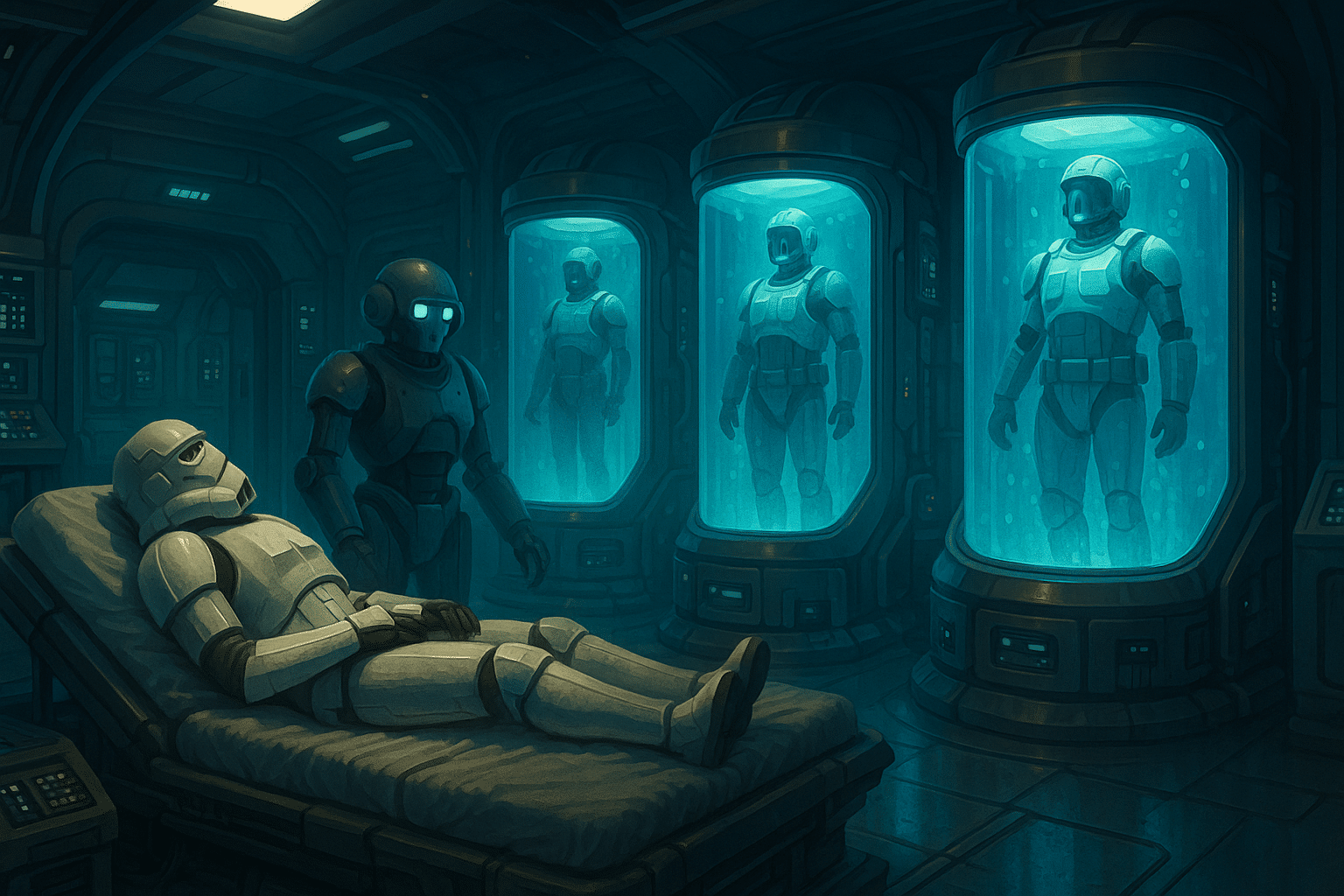 Star Wars-inspired futuristic medbay with armored soldiers recovering in glowing blue pods