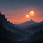 Nordic landscape at dusk with twin suns and misty mountains inspired by Star Wars adventure themes