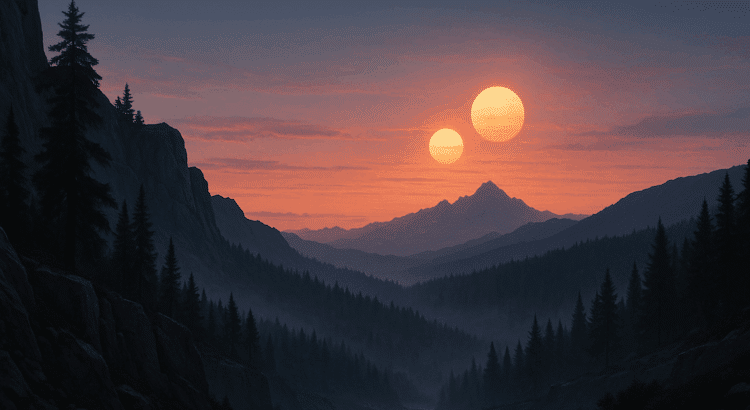 Nordic landscape at dusk with twin suns and misty mountains inspired by Star Wars adventure themes