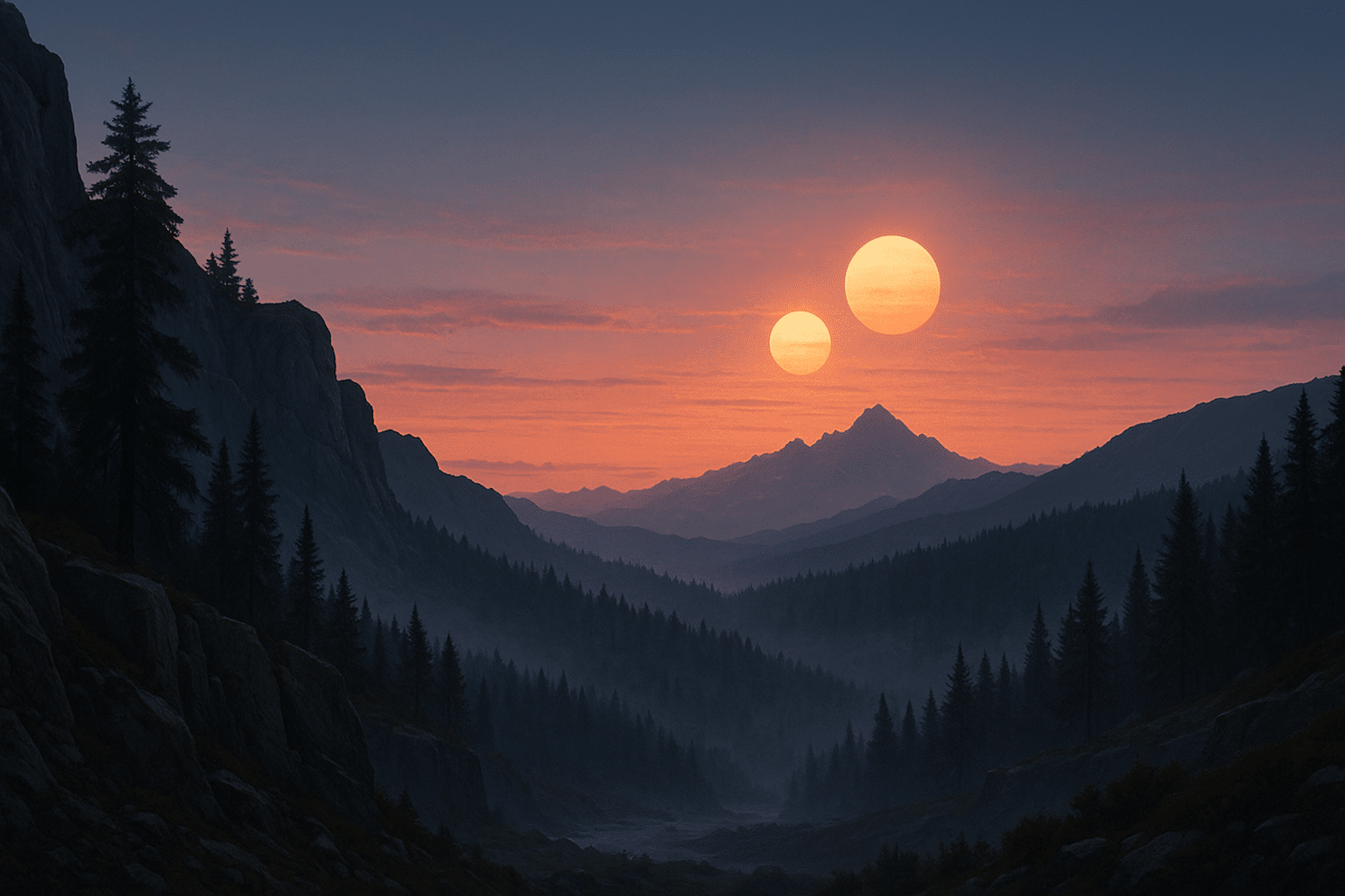Nordic landscape at dusk with twin suns and misty mountains inspired by Star Wars adventure themes