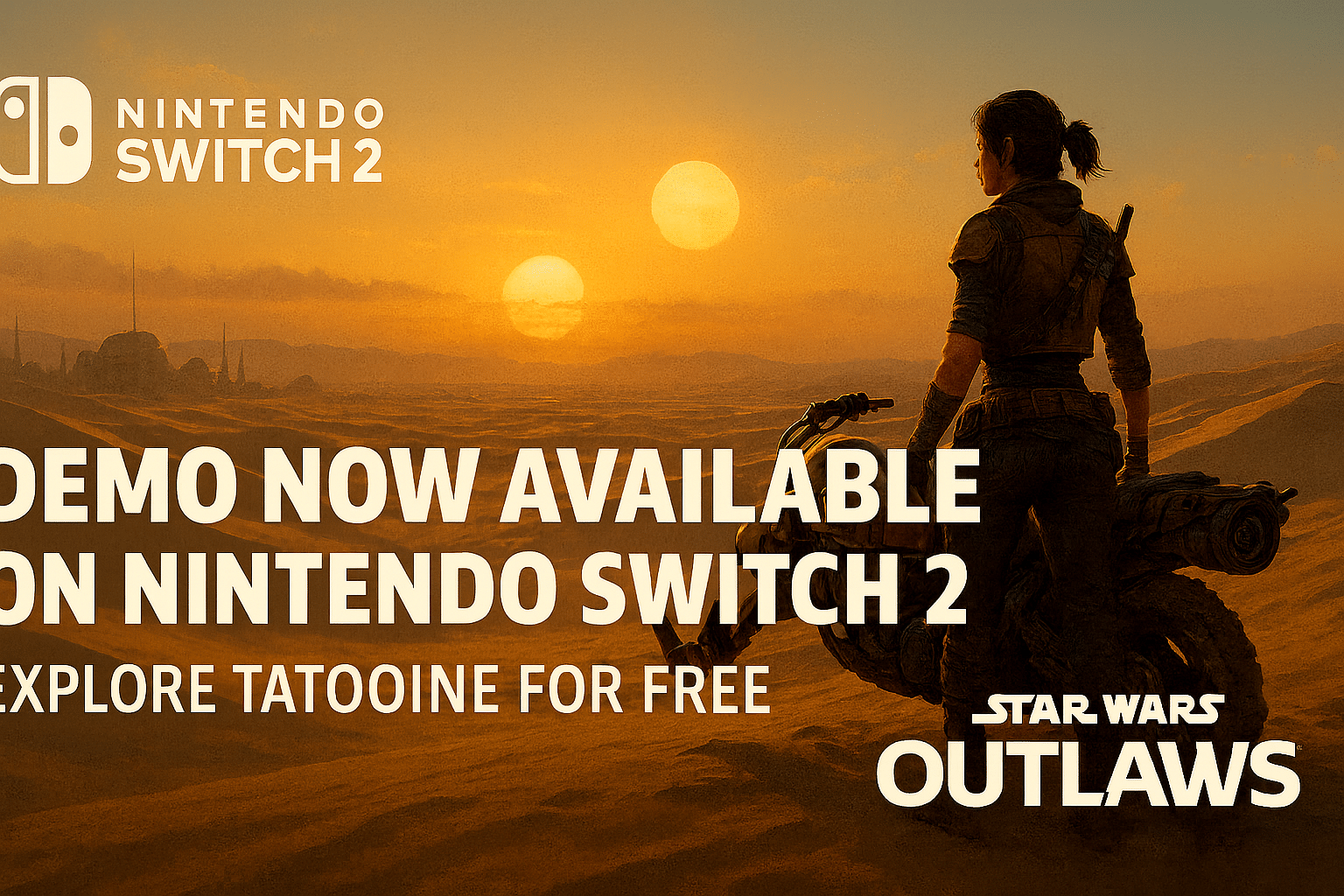 Star Wars Outlaws demo now available on Nintendo Switch 2 – player overlooking Tatooine’s twin suns