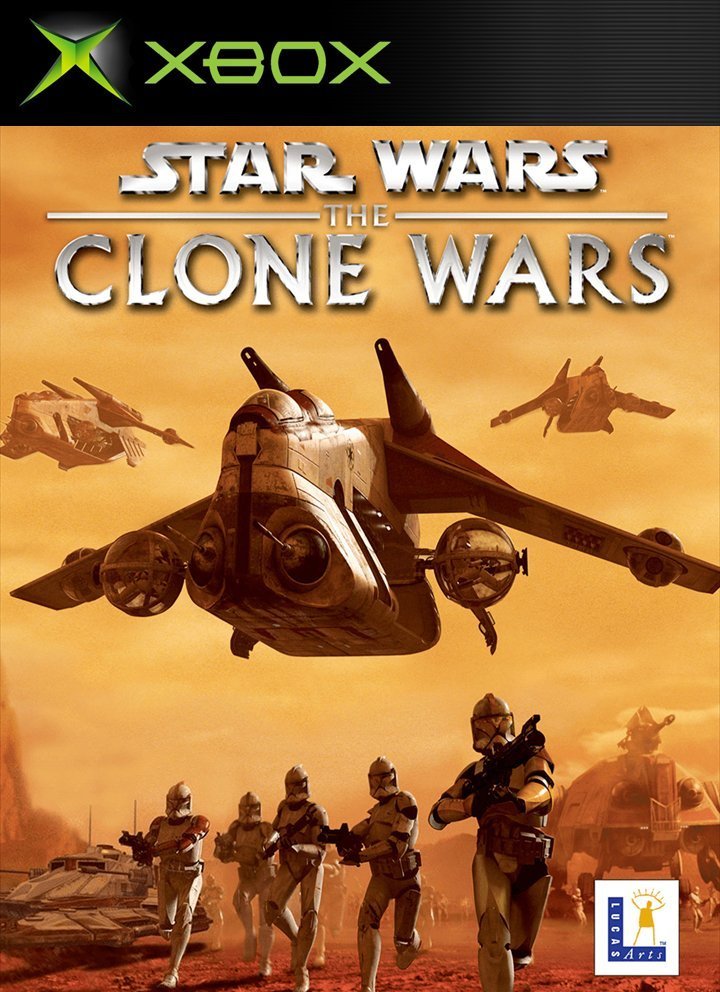 Star Wars The Clone Wars 2002 Xbox game cover featuring clone troopers, gunships, and LucasArts logo