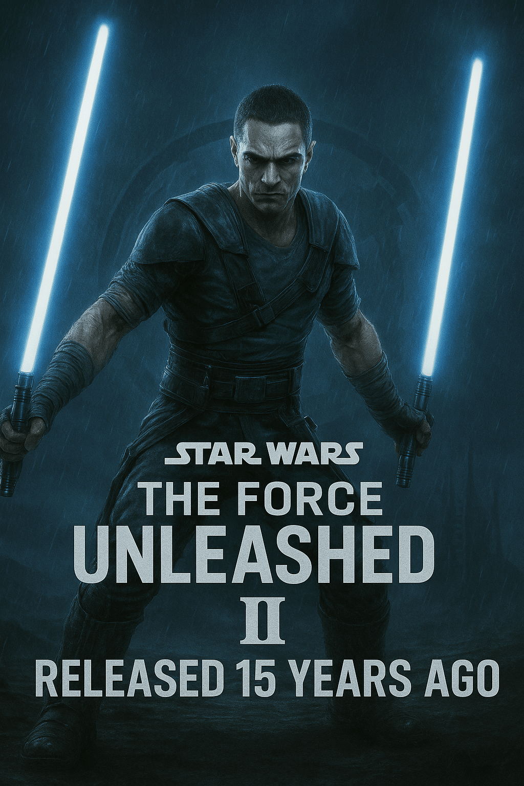 Starkiller with dual blue lightsabers in a cinematic Star Wars: The Force Unleashed II 15th anniversary poster