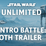 Star Wars Unlimited Intro Battle Hoth trailer banner with Rebel snow speeders and Imperial AT-AT walkers on icy terrain