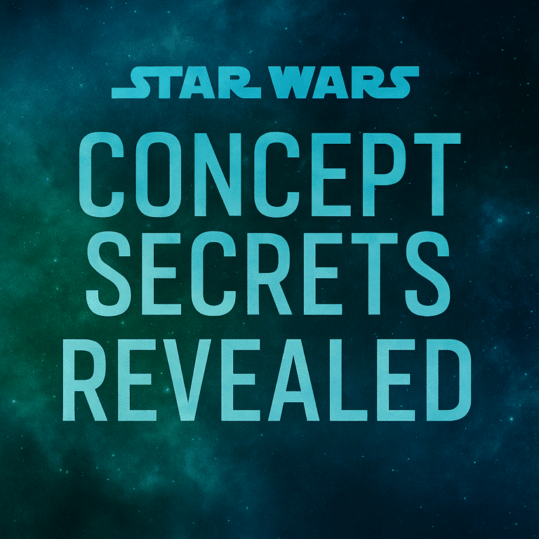 Star Wars concept art inspired header with blue and green galactic light streaks and the title “Star Wars Concept Secrets Revealed.
