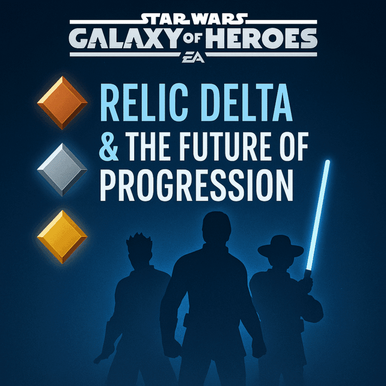 Star Wars Galaxy of Heroes Relic Delta design update graphic showcasing progression changes and developer insights.