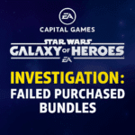 Official Star Wars Galaxy of Heroes image announcing investigation into failed purchased bundles by EA Capital Games.